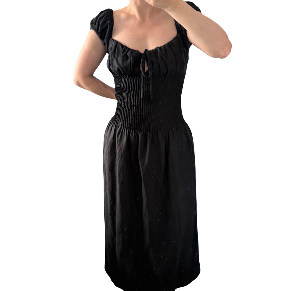 Onia Black Linen Blend Smocked Midi Dress Womens Size 4 Milkmaid Cottagecore